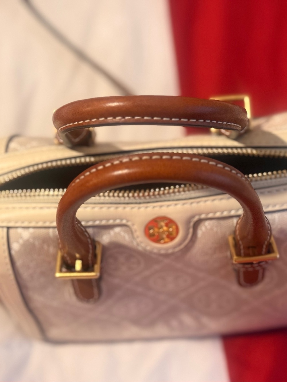 Tory Burch Cream Satchel with Brown Leather Handles and Gold Logo